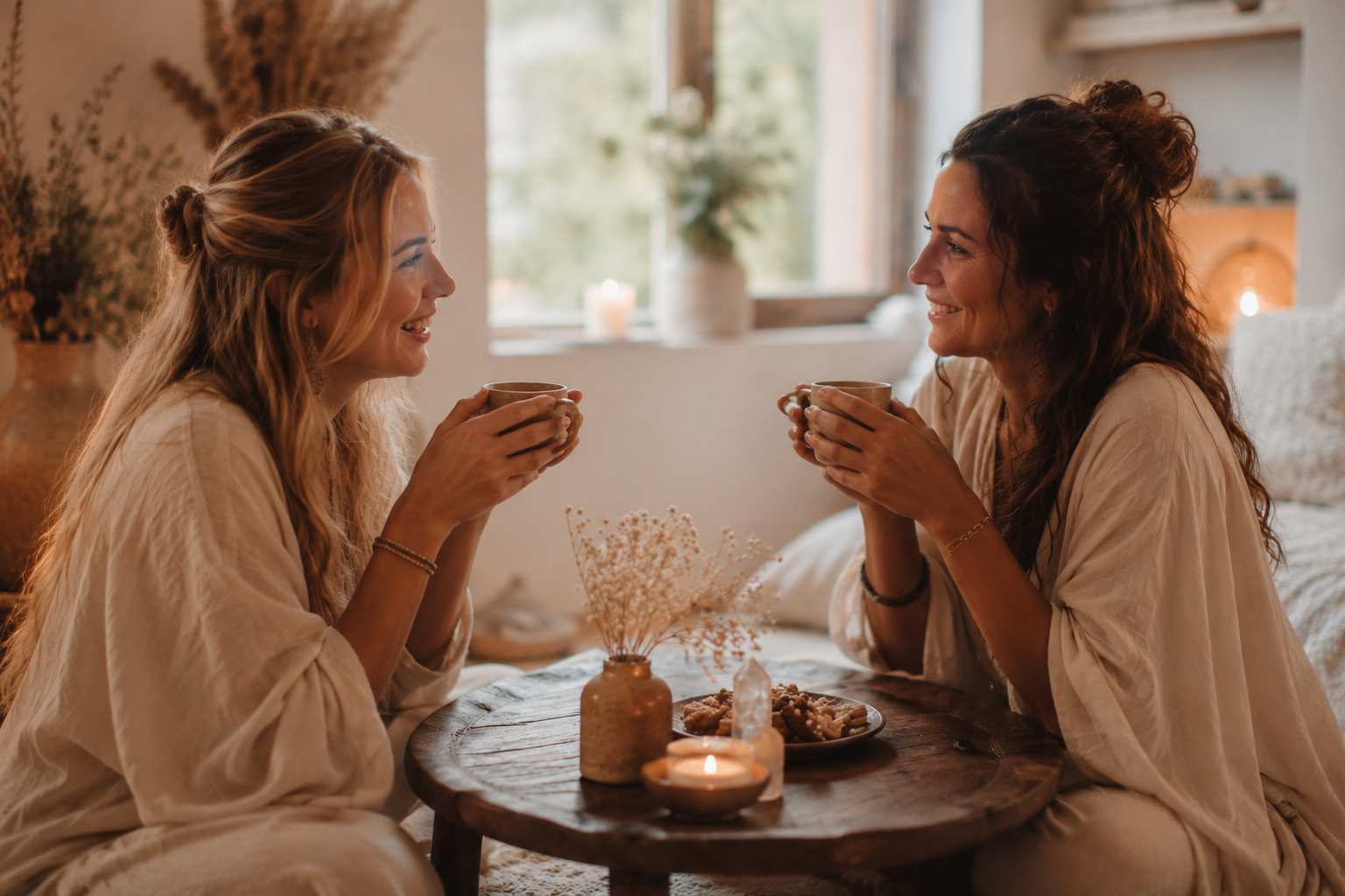 Twee vrouwen delen een moment van verbinding tijdens een Heart to Heart Duo Ritual met warme cacao in Lelystad.