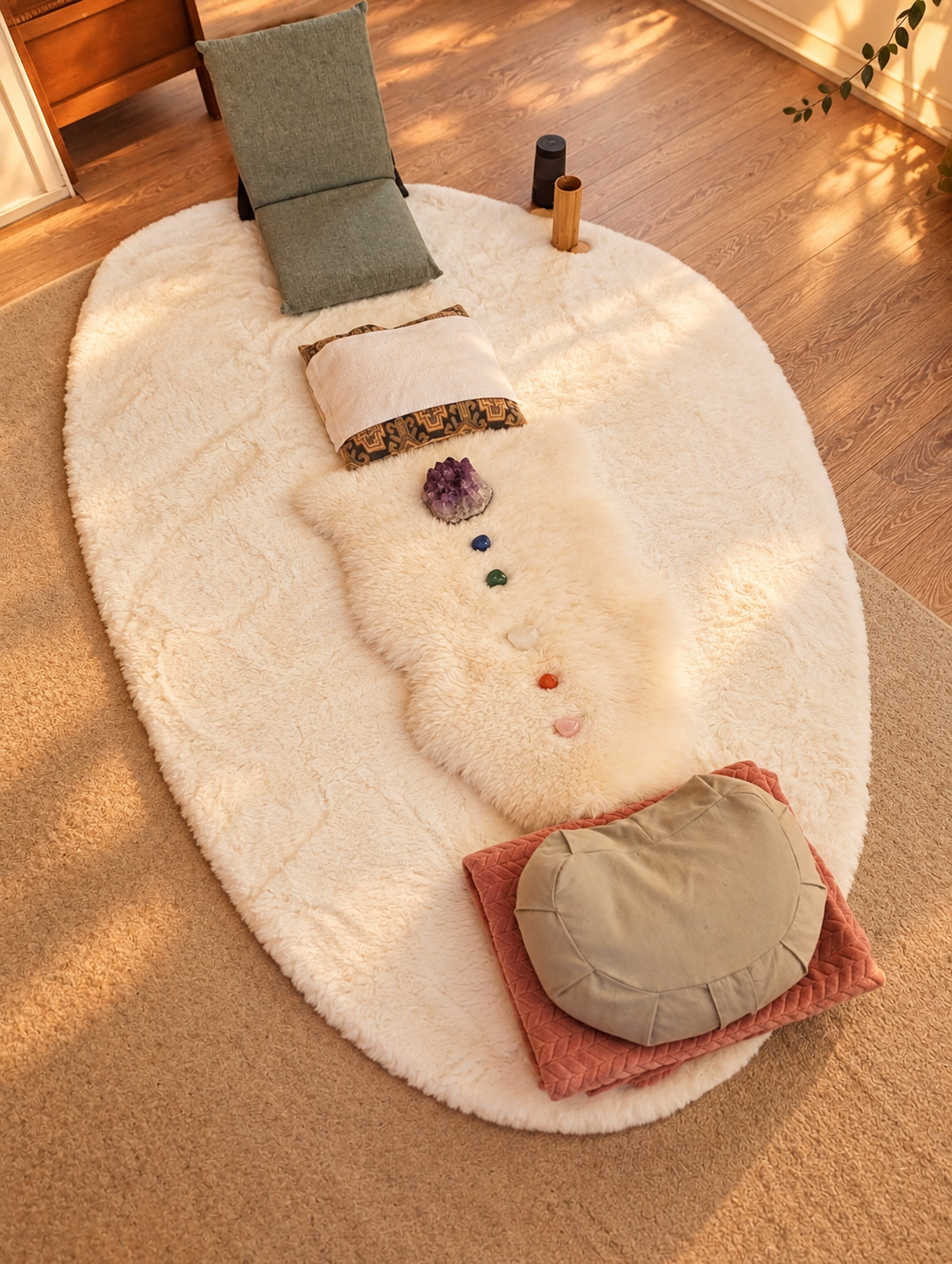 Warme meditatieplek met kristallen